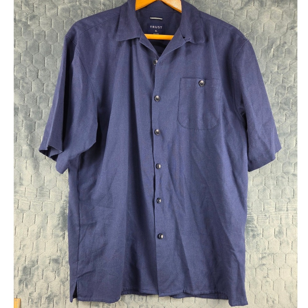 Trust Mens XL Navy Blue Linen Blend Short Sleeve Button Down Camp Shirt Pocket